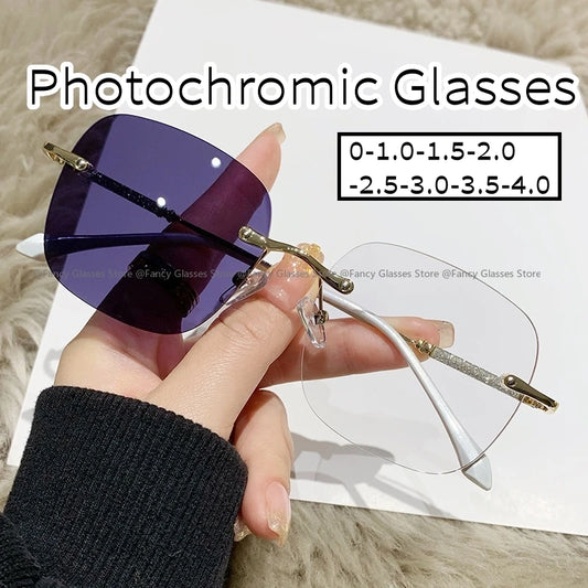 Female Rimless Photochromic Sunglasses Men Women Luxury Near Sight Eyeglasses Trendy Anti-UV Color Changing Myopia Glasses